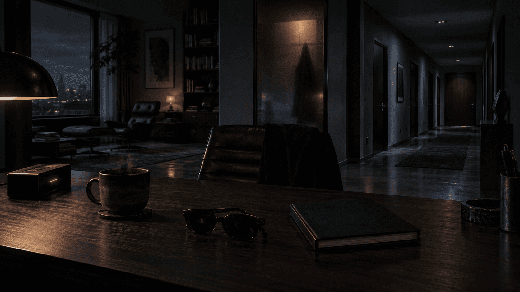 Consulta nocturna de David con una taza, unas gafas, un cuaderno y un corredor oscuro